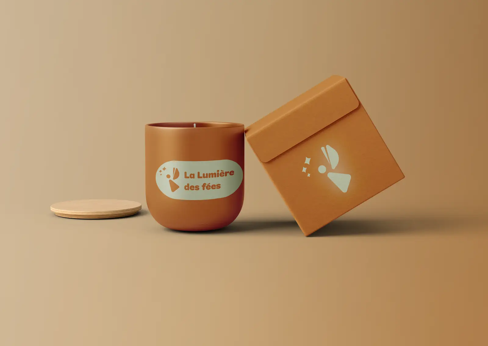 Maquettes tridimensionnelles réalistes d'emballages cartonnés de bougies de luxe pour La Lumière des Fées